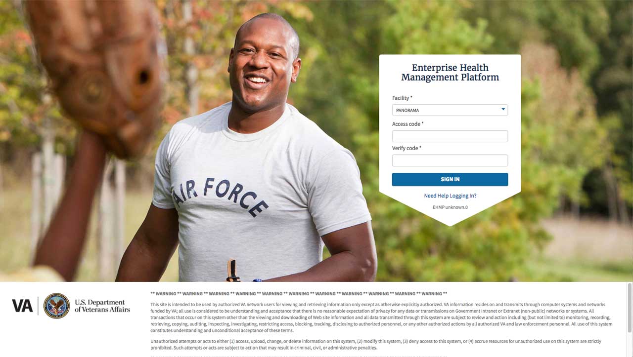 U.S. Department of Veterans Affairs - EHMP (Enterprise Health Management Platform) UI design screenshot of the login screen