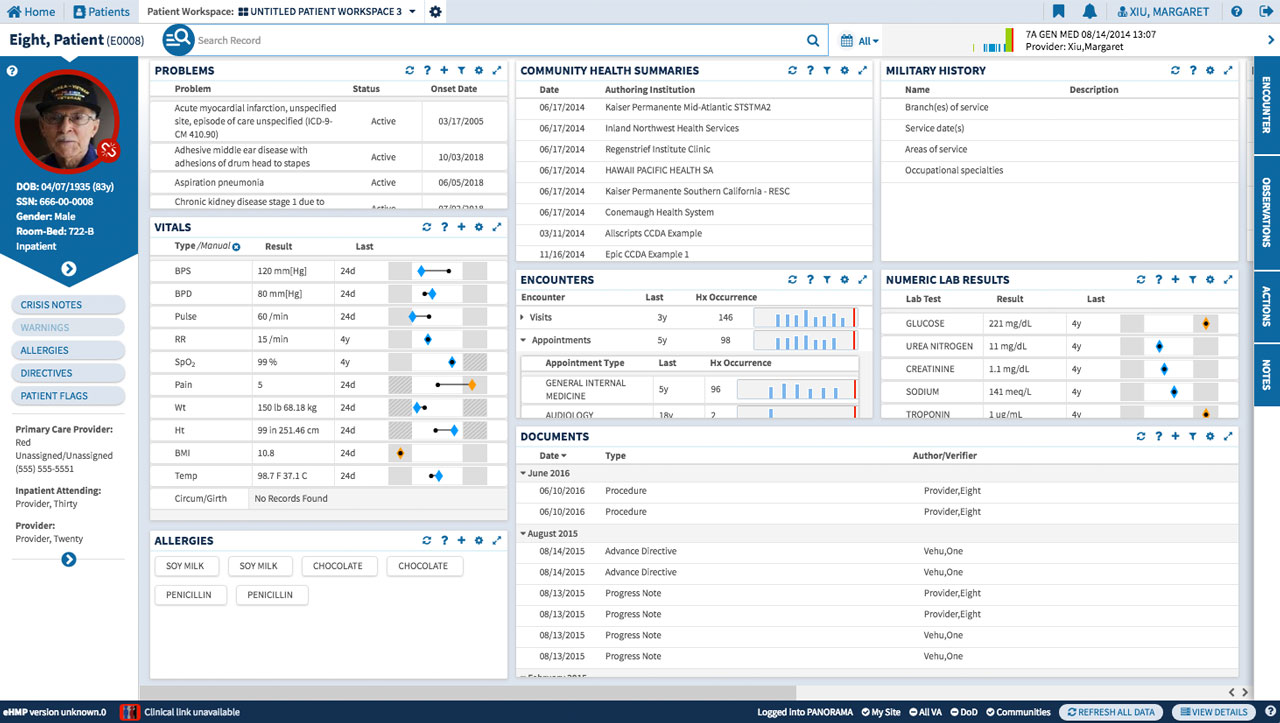 U.S. Department of Veterans Affairs - EHMP (Enterprise Health Management Platform) UI design screenshot of the main dashboard