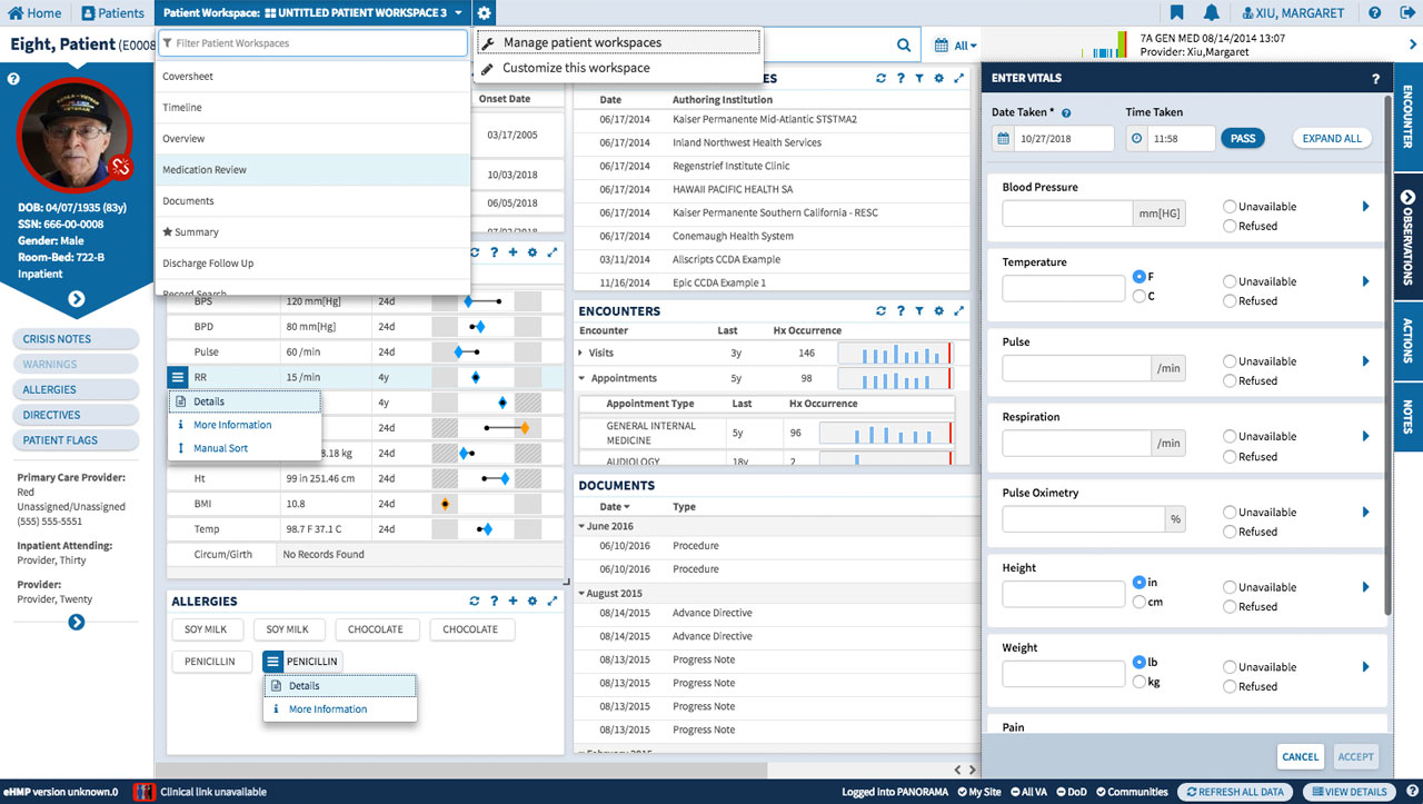 U.S. Department of Veterans Affairs - EHMP (Enterprise Health Management Platform) UI design screenshot of the hovered features