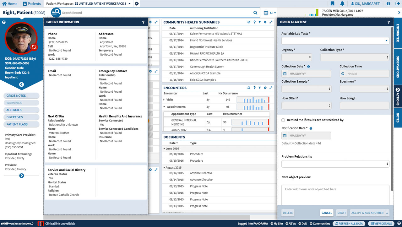 U.S. Department of Veterans Affairs - EHMP (Enterprise Health Management Platform) UI design screenshot of the content trays