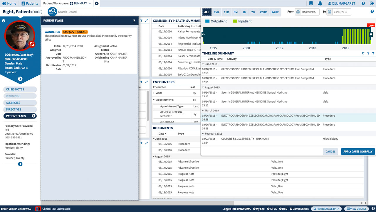 U.S. Department of Veterans Affairs - EHMP (Enterprise Health Management Platform) UI design screenshot of the timeline feature