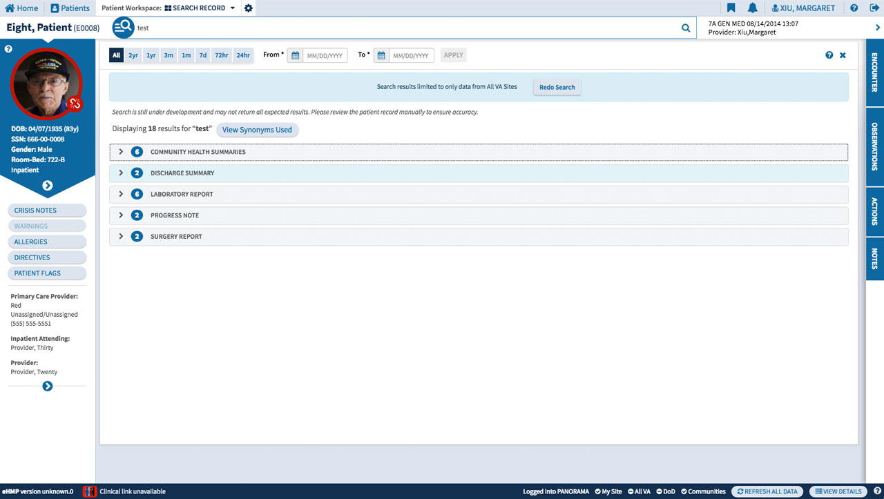 U.S. Department of Veterans Affairs - EHMP (Enterprise Health Management Platform) UI design screenshot of the search screen