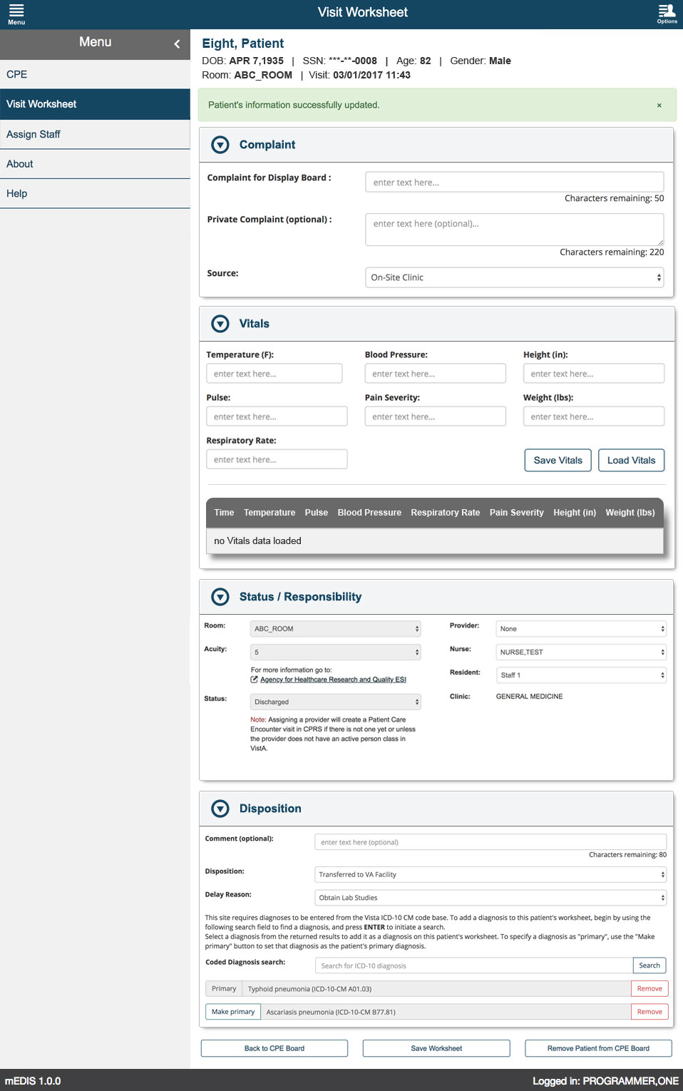 U.S. Department of Veterans Affairs - mEDIS Application UI design screenshot of the visit worksheet screen