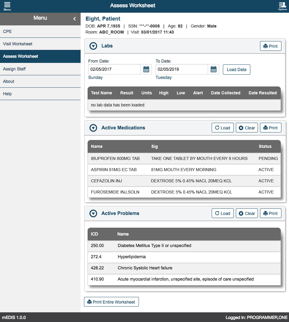 U.S. Department of Veterans Affairs - mEDIS Application UI design screenshot of the assess worksheet screen