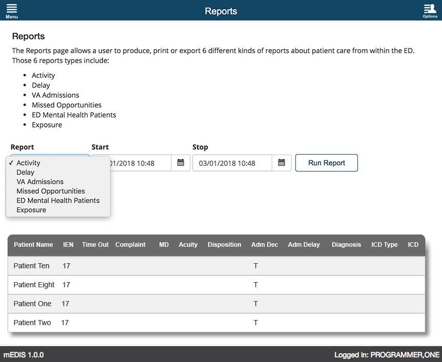 U.S. Department of Veterans Affairs - mEDIS Application UI design screenshot of the reports screen