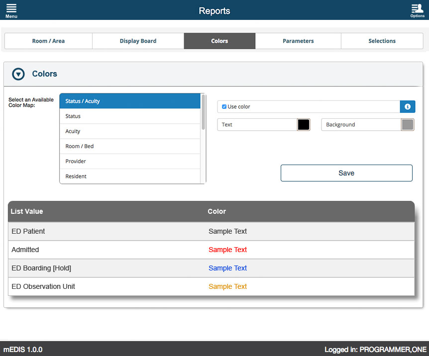 U.S. Department of Veterans Affairs - mEDIS Application UI design screenshot of the reports colors screen