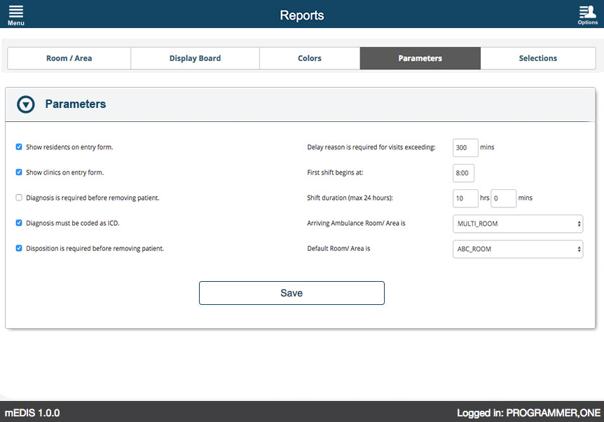 U.S. Department of Veterans Affairs - mEDIS Application UI design screenshot of the reports parameters screen