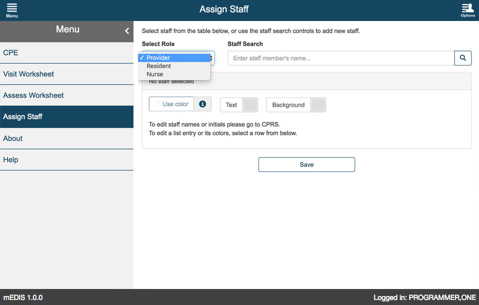 U.S. Department of Veterans Affairs - mEDIS Application UI design screenshot of the assign staff screen