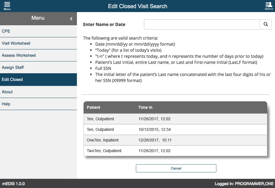 U.S. Department of Veterans Affairs - mEDIS Application UI design screenshot of the edit closed screen
